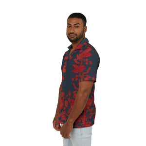 Dark Red Nature Print Men's Camp Shirt  Grounding & Sun Energy Absorption