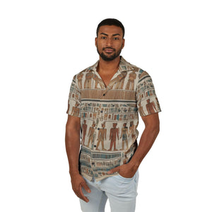 Open image in slideshow, Geometric Print Camp Shirt for Men - LiveSourceDivine Egyptian Art Summer Style
